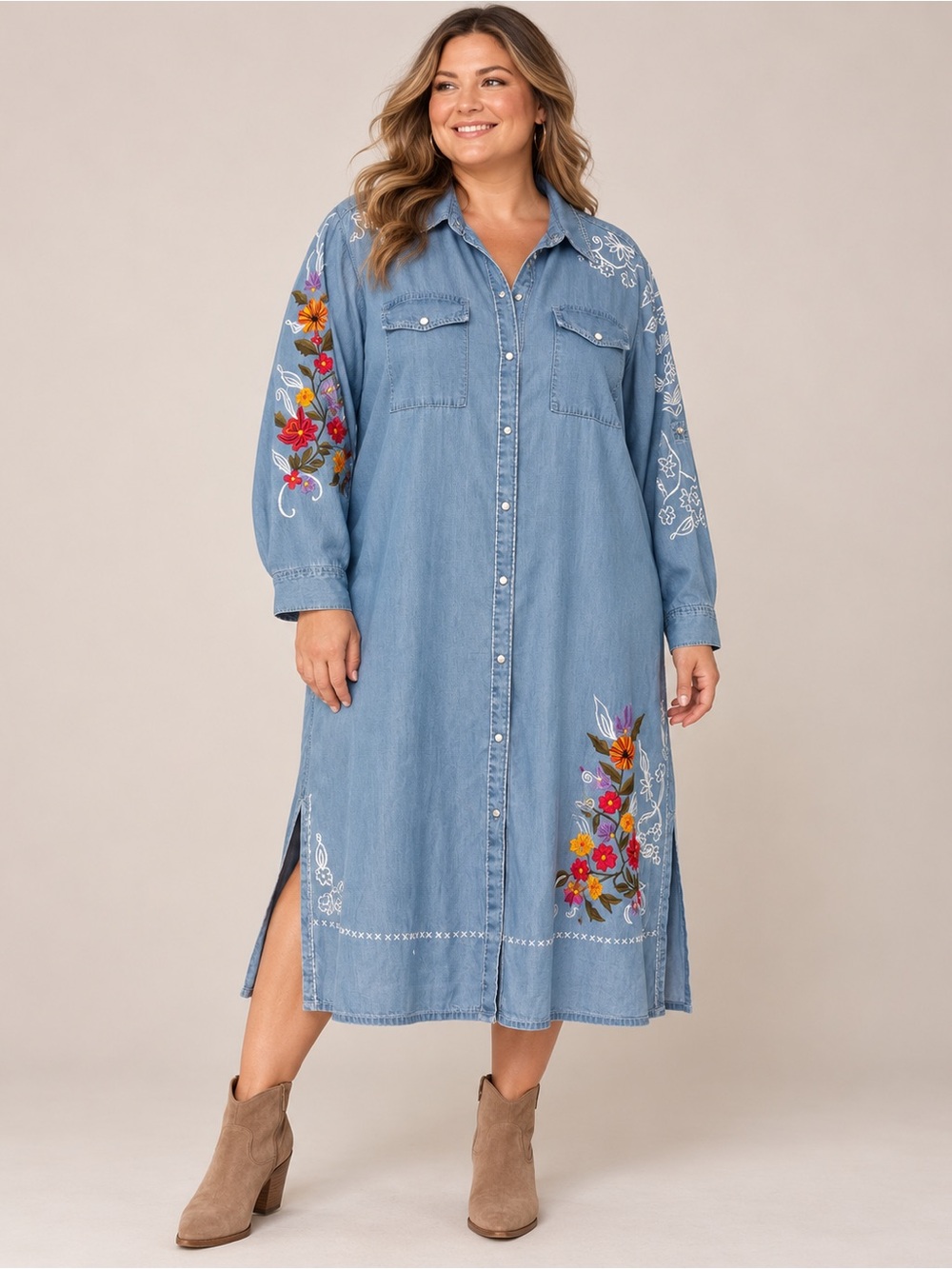 Vintage Collection Embroidered Chambray Shirt Dress XXL Lyocell Western